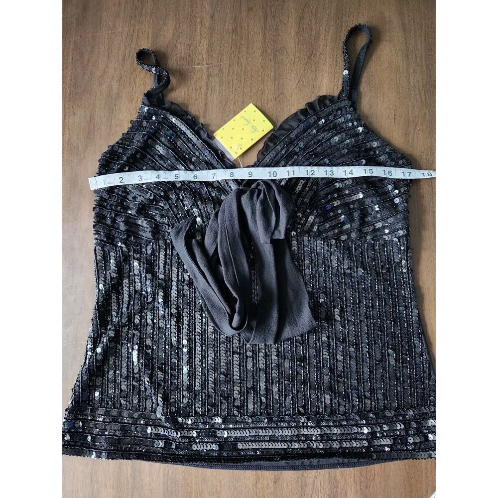 NWT Luisa Spagnoli Women's Black Sequin Cami Tank Top With Ruffles Bow Sheer L - Picture 4 of 7